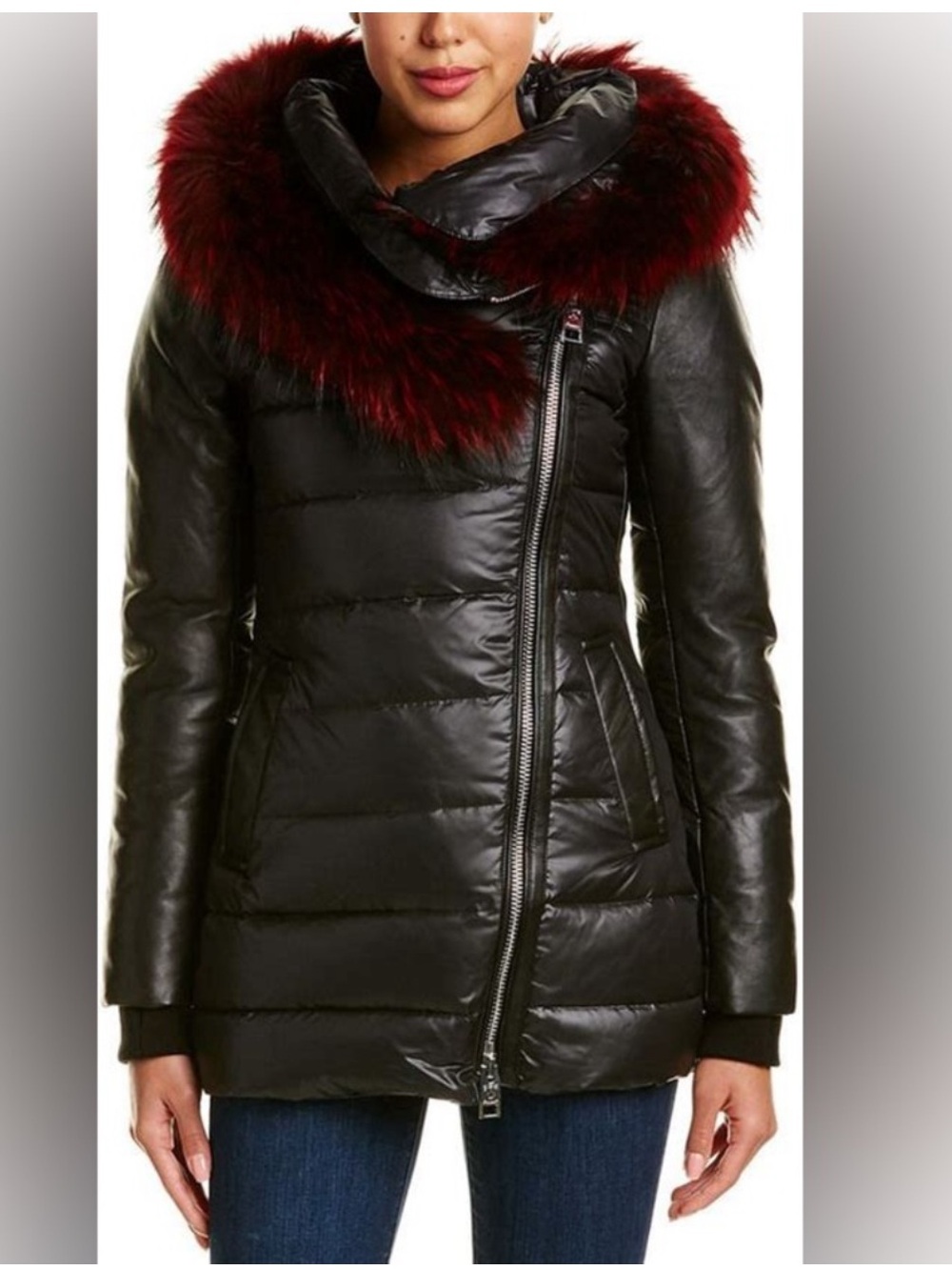 Nicole Benisti Black Duck Down Puffer Jacket with Burgundy Fur Trim size M